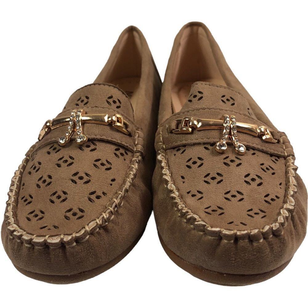 MilaLady Tan Suede Perforated Slip On Moccasin